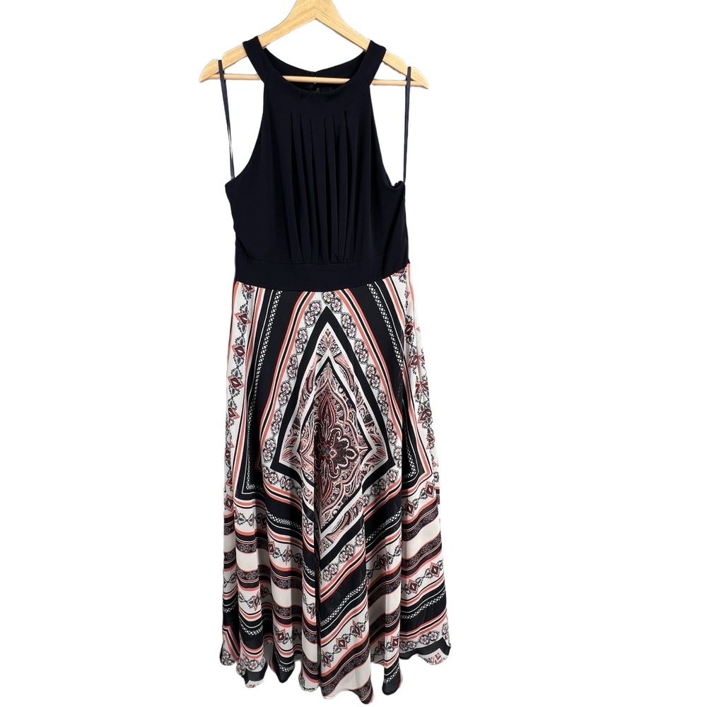 Sandra Darren Maxi Dress Blue Pleated Bodice A-Line Boho‎ Geometric Print 12